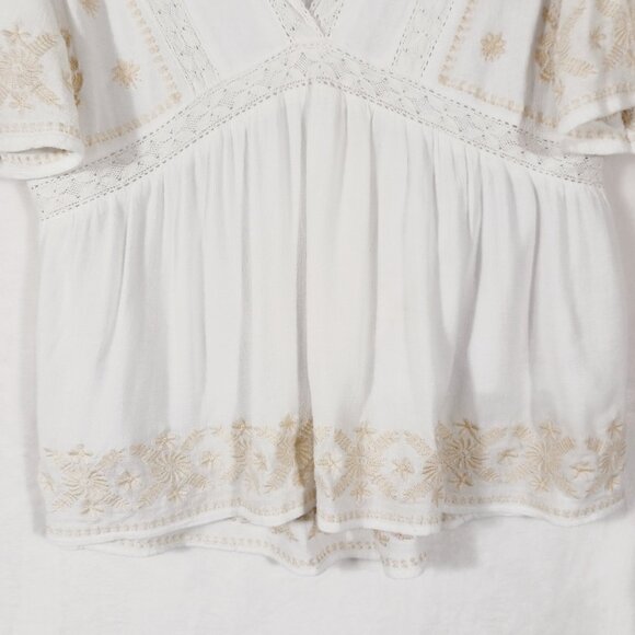 In Loom, Boho Top, Small, White with Tan Embroidery Detail and Lace Trim, Beachy - Picture 7 of 16